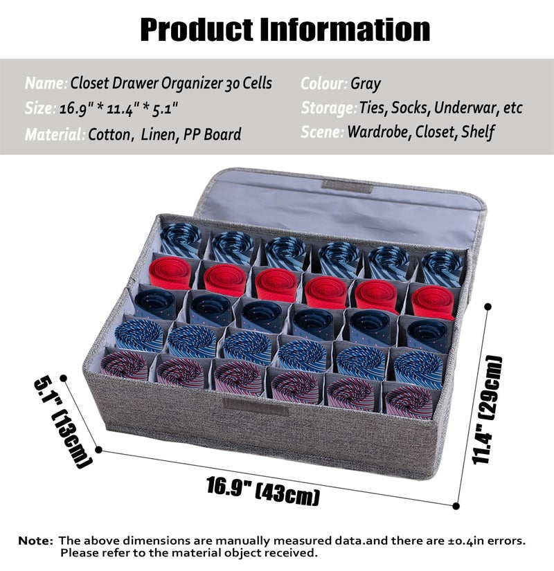 AARAINBOW Underwear Socks Ties Storage Organizer with Lids Foldable Closet Drawer Organizer 30 Cells, Fabric Wardrobe Divider Storage Box for Scarves and Lingerie (30 Cell, Gray) - Image 2